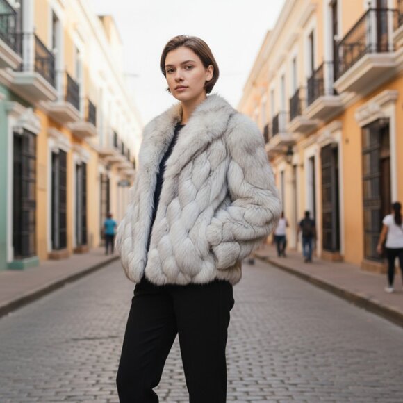 Natural Blue Stripped Fox Jacket with Leather Accent Panels, Size SM/Med - Picture 3 of 10